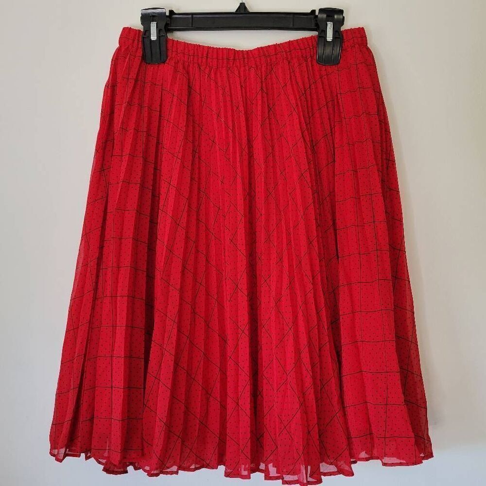 ELLE Red Pleated Midi Skirt Polka Dot Grid Print Size M
